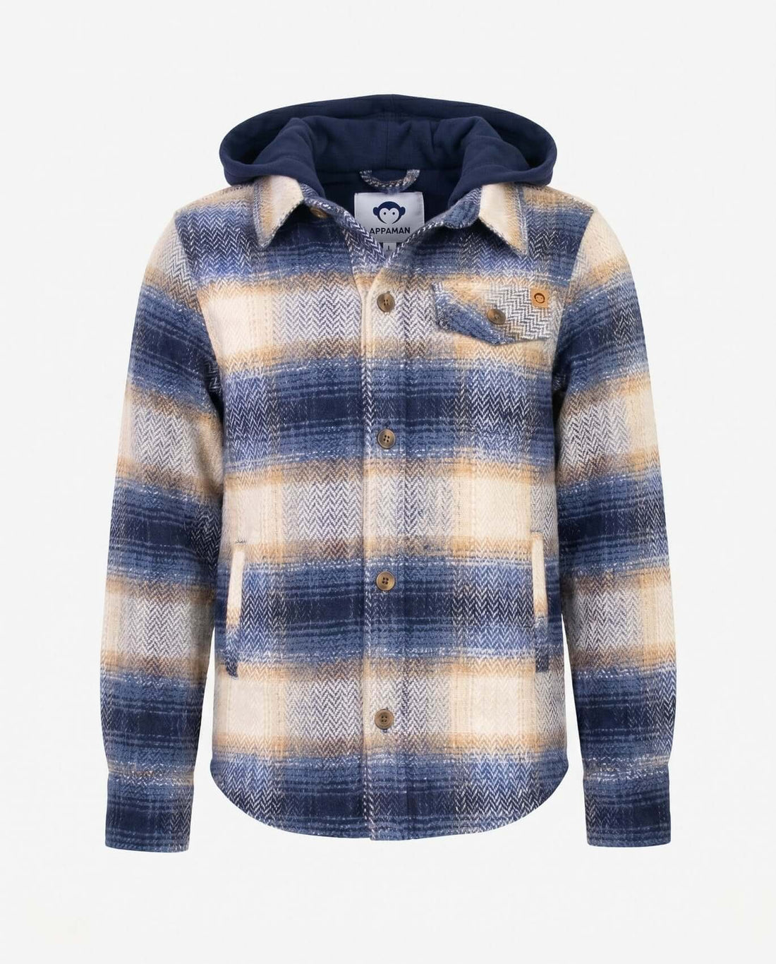 Blue Herringbone Plaid Glen Hooded Shirt