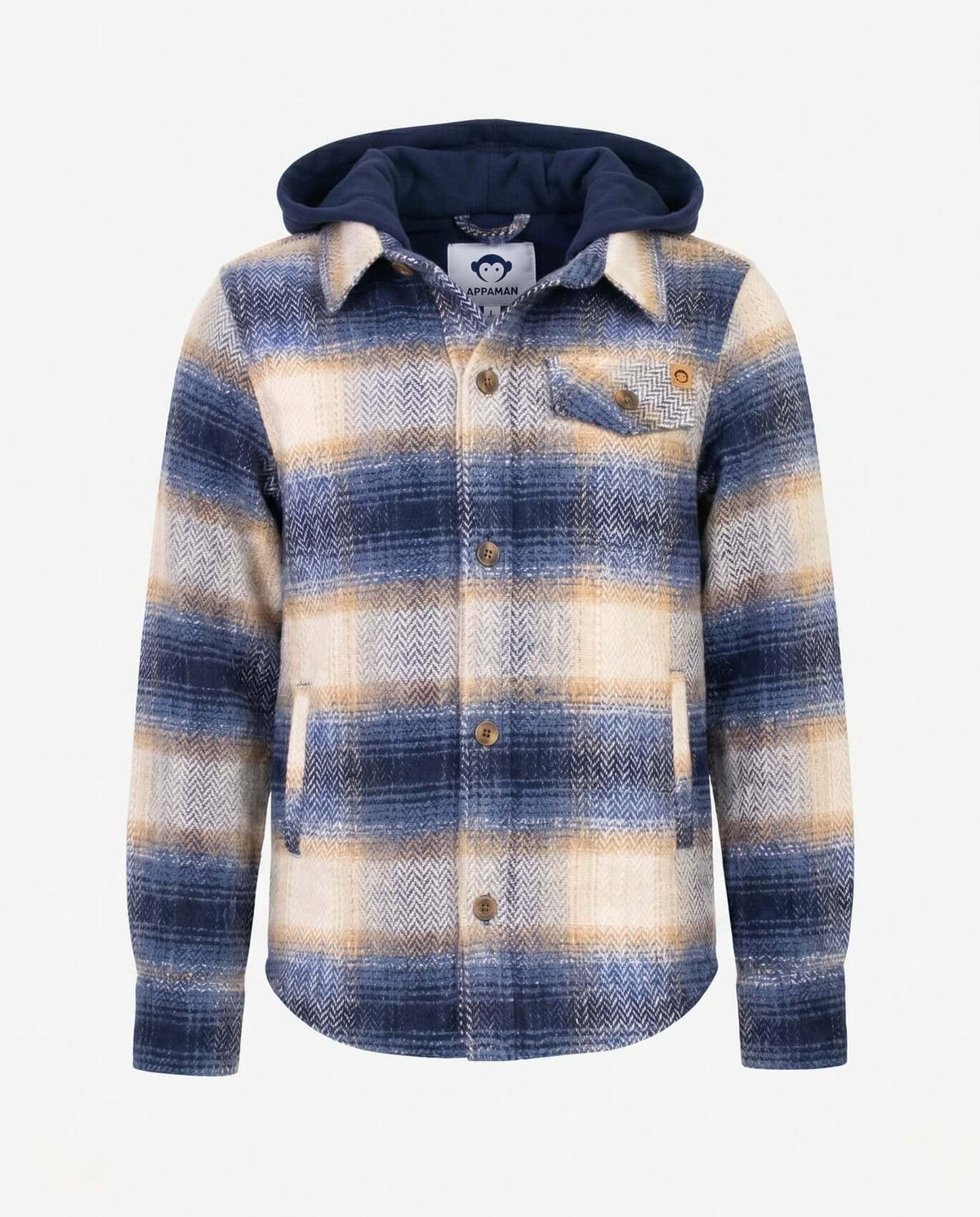 Blue Herringbone Plaid Glen Hooded Shirt