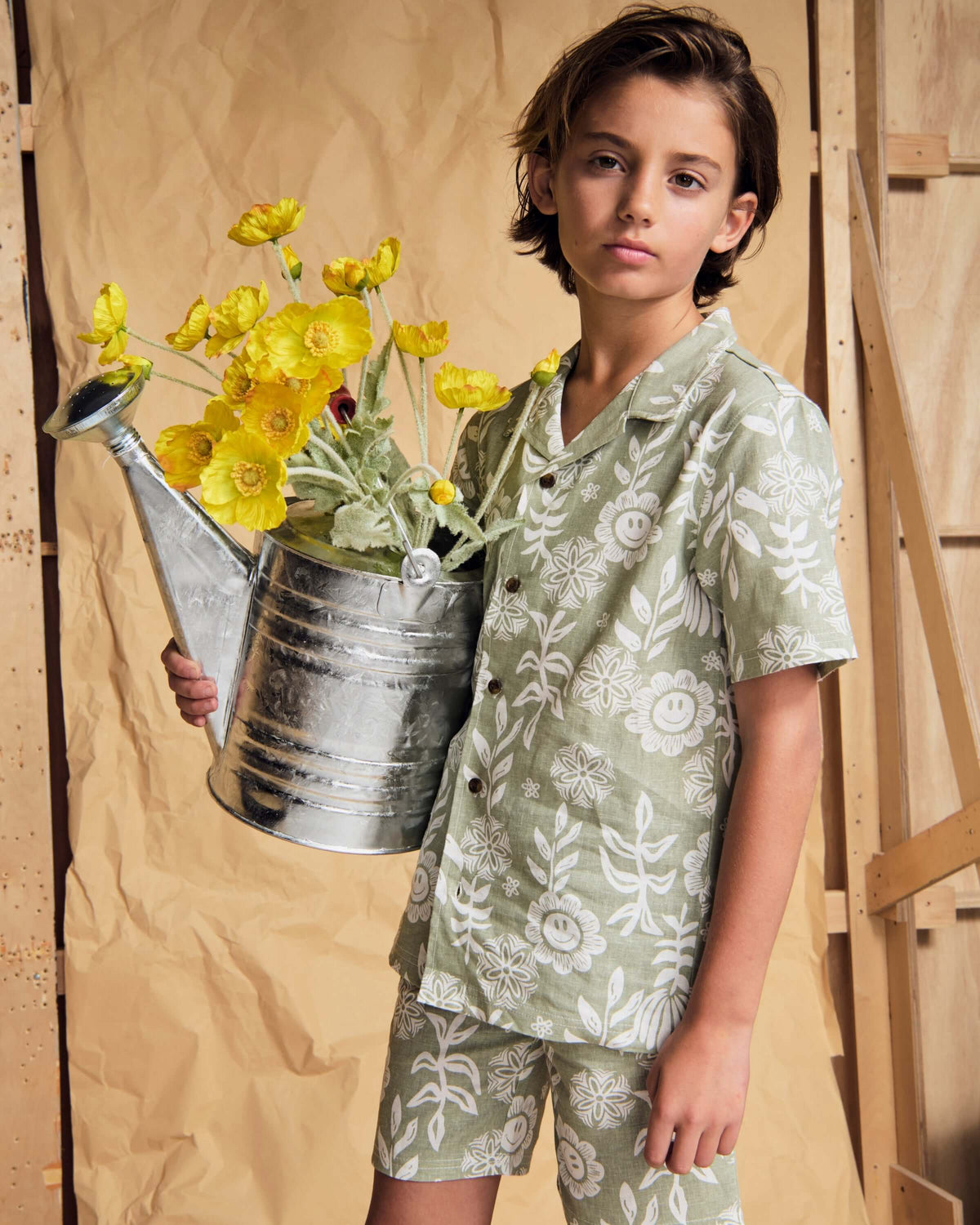 Linen Sage Sunflower Camp Collar Shirt