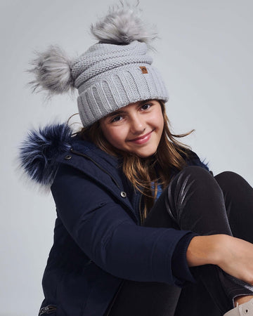 Shiny Silver Mia Faux Fur Pom Beanie