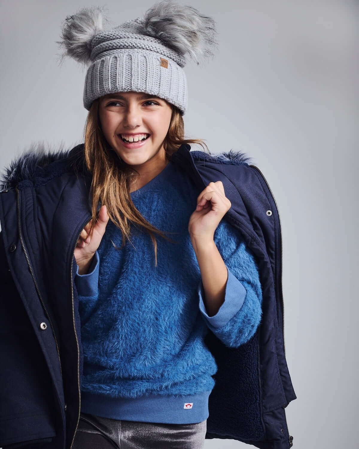 Shiny Silver Mia Faux Fur Pom Beanie