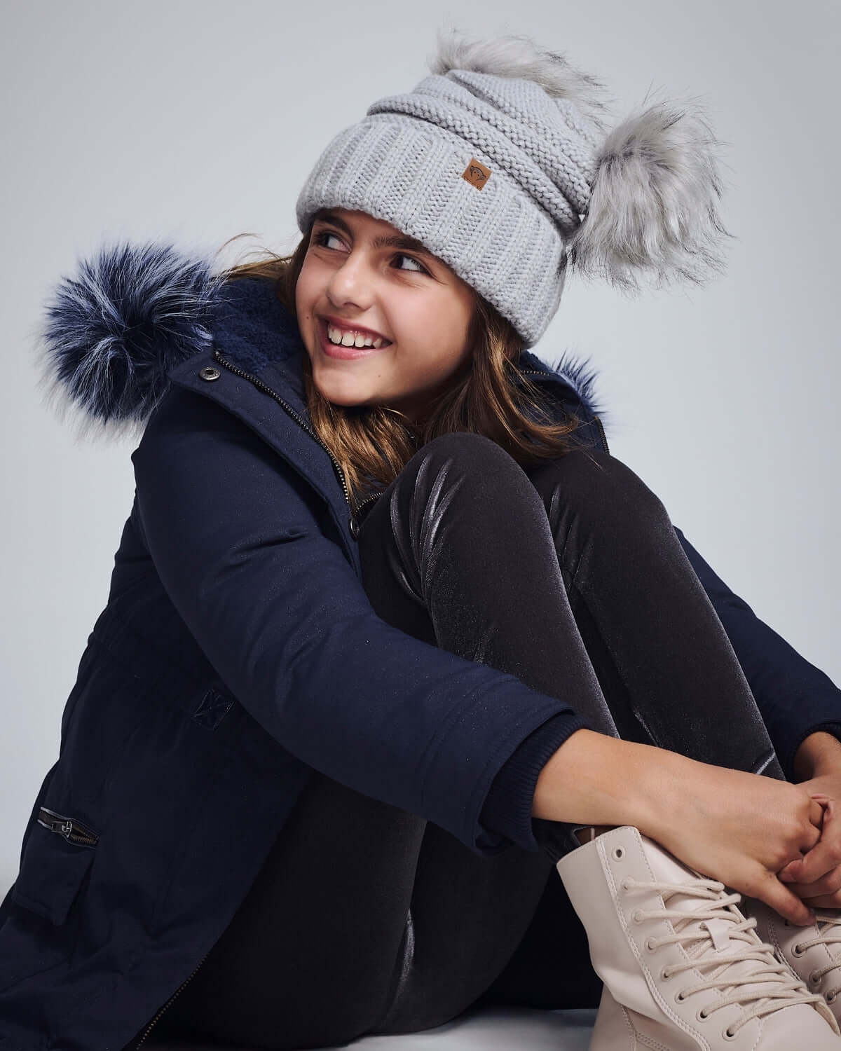 Shiny Silver Mia Faux Fur Pom Beanie