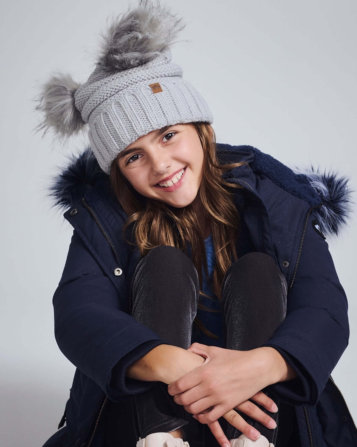 Shiny Silver Mia Faux Fur Pom Beanie