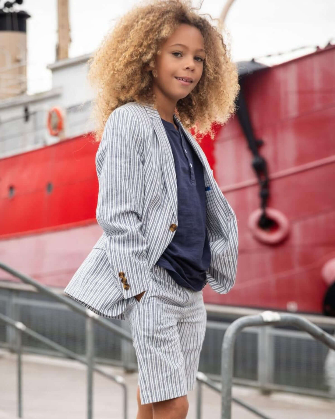 Navy Stripe Linen Trouser Shorts