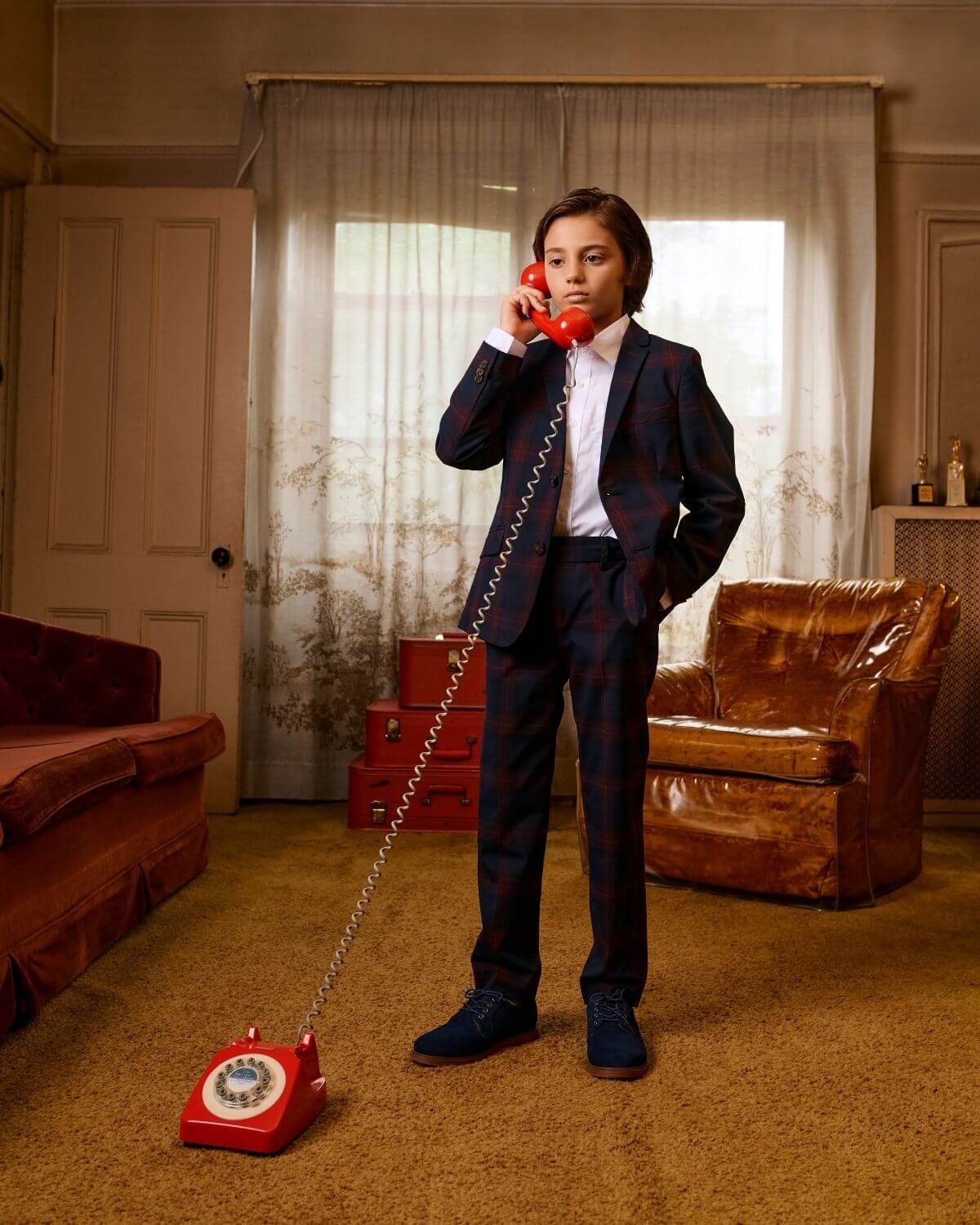 Navy/Cranberry Plaid Stretchy Mod Suit