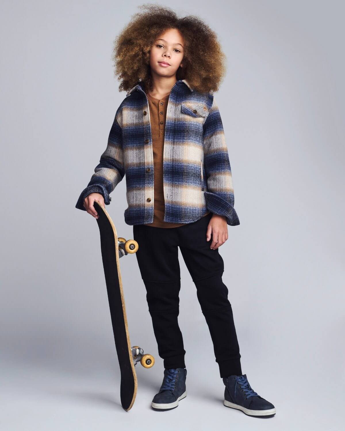 Blue Herringbone Plaid Glen Hooded Shirt