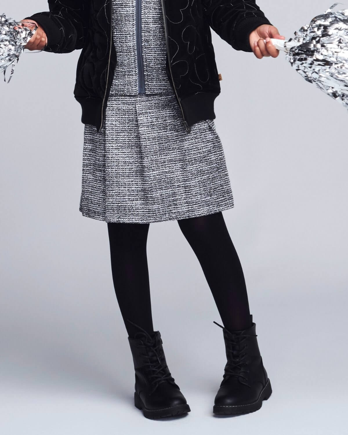 Black Boucle Yoke Pleated Skirt
