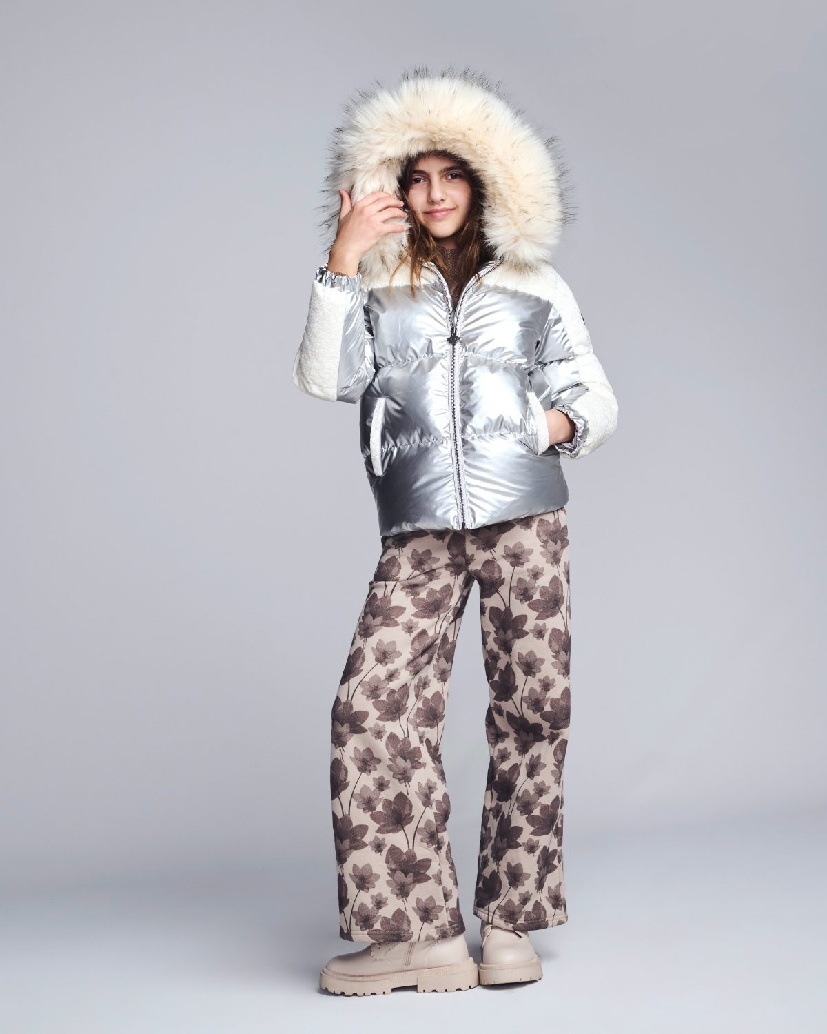 Silver Mixed Media Puffer Coat