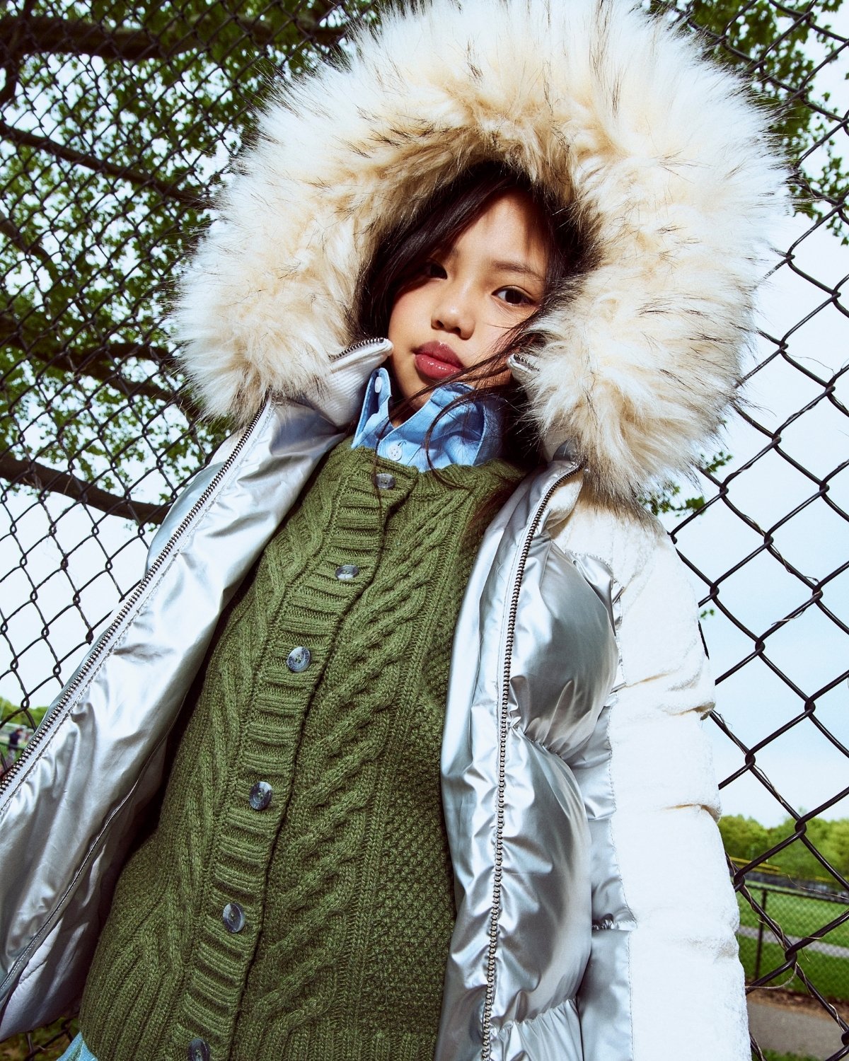 Silver Mixed Media Puffer Coat