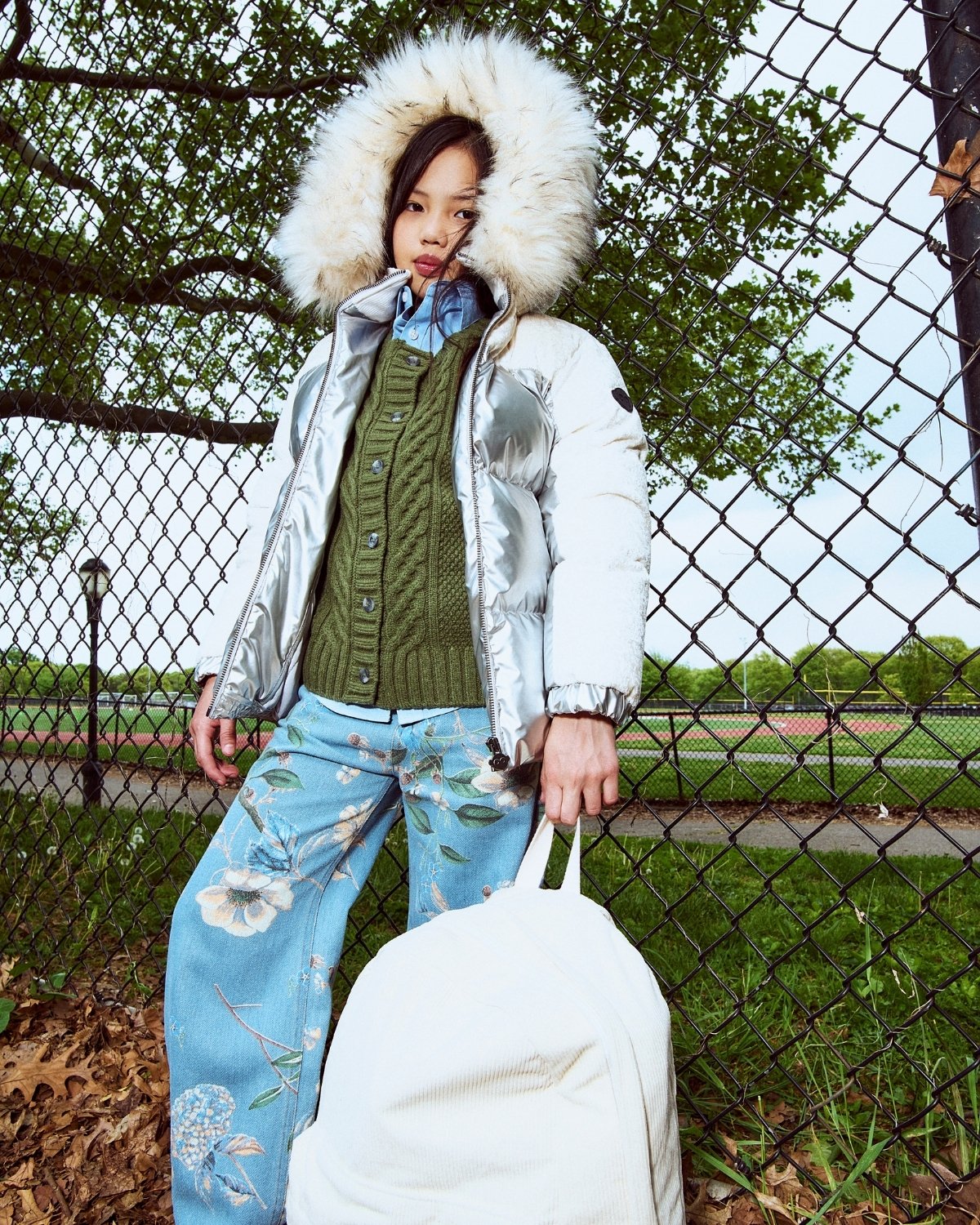 Silver Mixed Media Puffer Coat